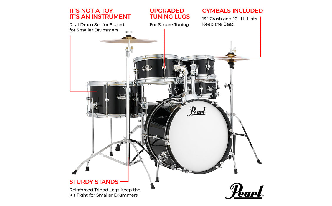 Batterie Pearl Roadshow Junior kit avec quincaillerie Jet Black 8x5,10x5.5,13x10,12x4,16x10po