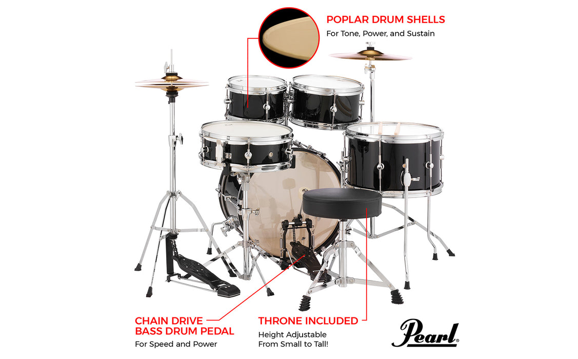 Batterie Pearl Roadshow Junior kit avec quincaillerie Jet Black 8x5,10x5.5,13x10,12x4,16x10po