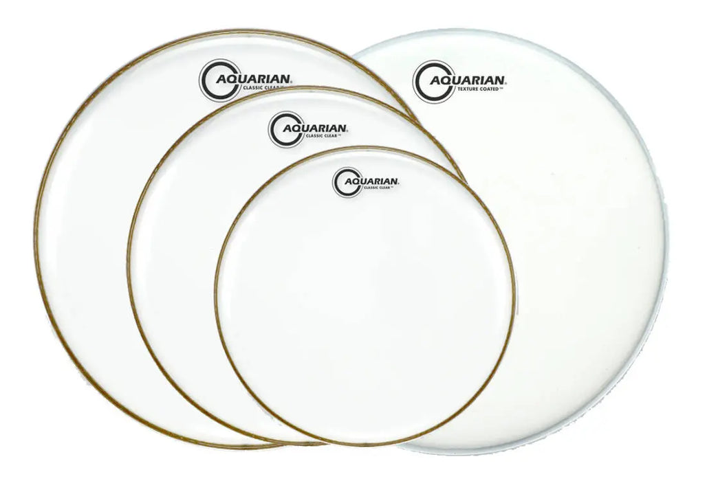 Ensemble de peaux Aquarian Classic Clear 10-12-14 po + Texture Coated 14 po