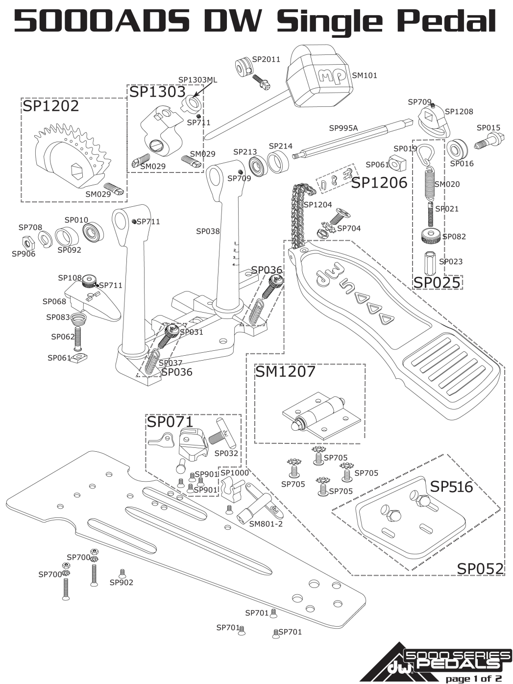 Technical diagram of a single pedal assembly with labeled parts