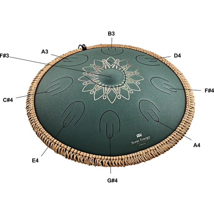 Meinl Sonic Energy Octave Steel Tongue Drum F# Minor Dark Green Engraved floral design