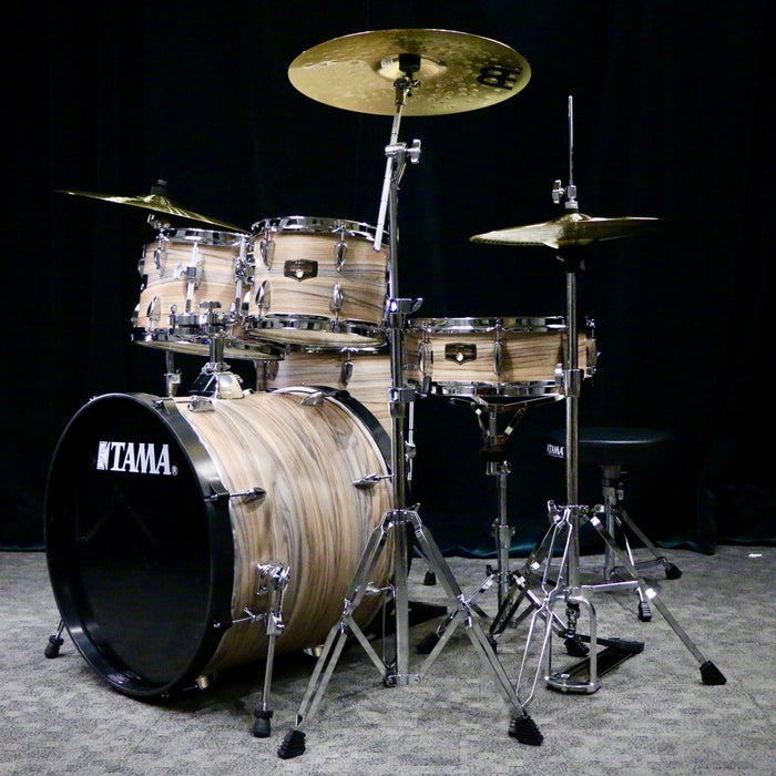 Batterie TAMA Imperialstar 20-10-12-14po + caisse claire 14po avec quincaillerie et cymbales - Natural Zebrawood Wrap