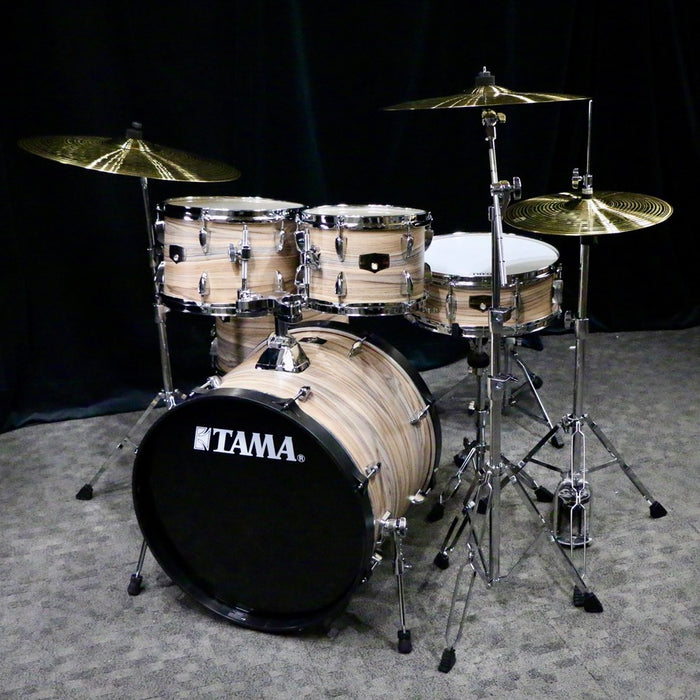 Batterie TAMA Imperialstar 20-10-12-14po + caisse claire 14po avec quincaillerie et cymbales - Natural Zebrawood Wrap